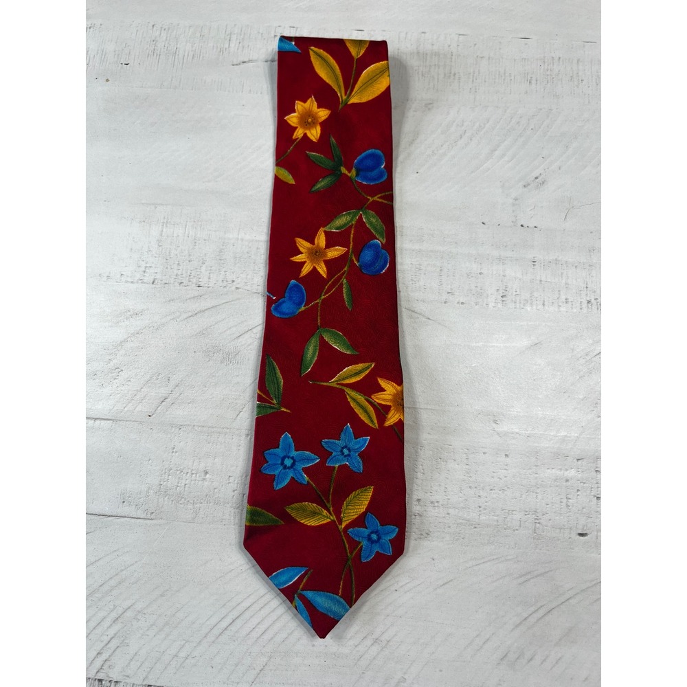 Vintage Structure Mens 100% Silk Tie Red Blue Yellow Floral Botanical - Picture 2 of 4